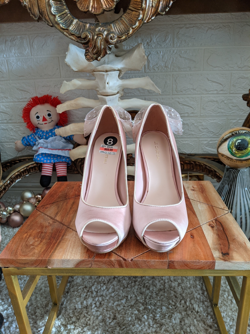 Le Chateau Pink Satin Peep-Toe Heels with Bow
